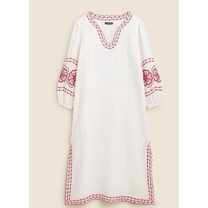EUC  J. Crew BUNGALOW Maxi Dress White 100% Linen w/ Red Embroidery Caftan S